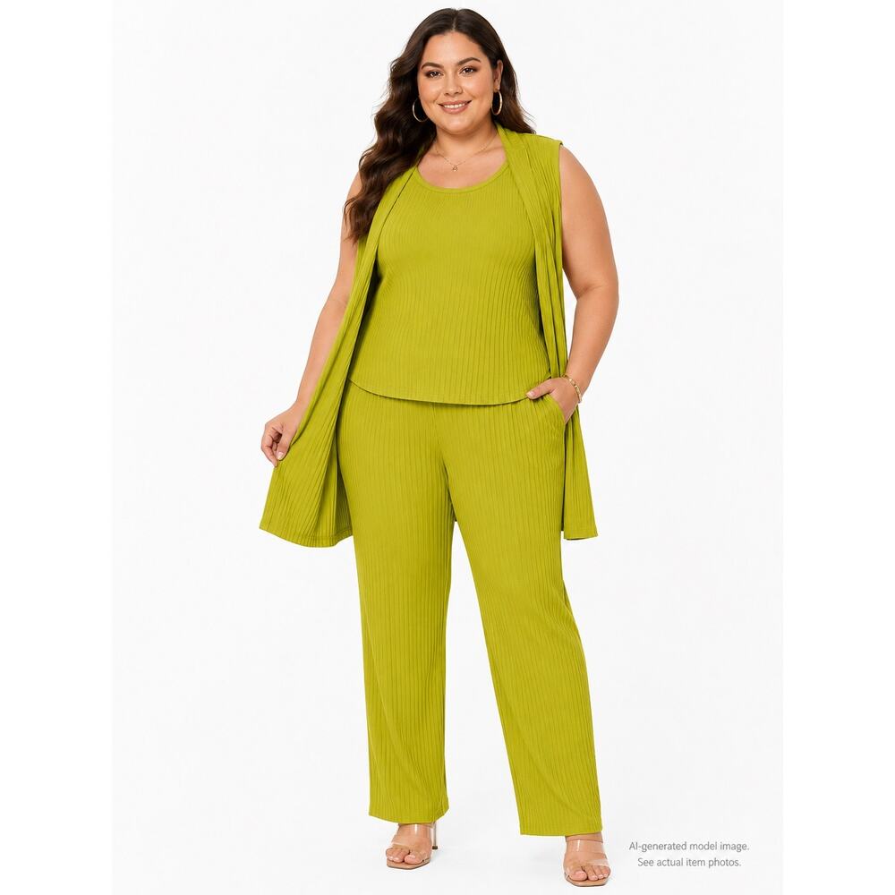349. Lime Green Ribbed 3 Piece Set Top XL Vest L Pants L